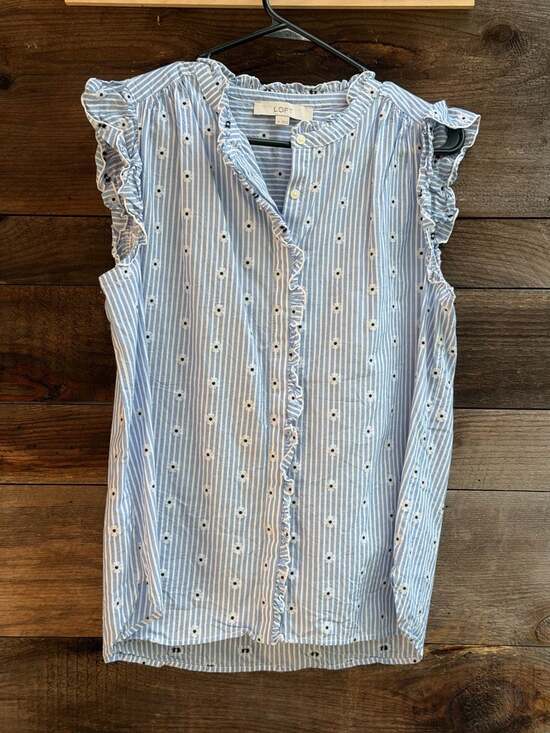 LOFT Tops - LOFT Blue Striped Floral Embroidered Ruffle Sleeveless Blouse Size M